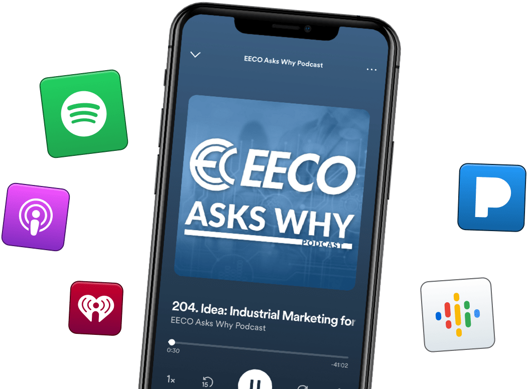 EECO Asks Why podcast displayed on a phone with podcast platform icons